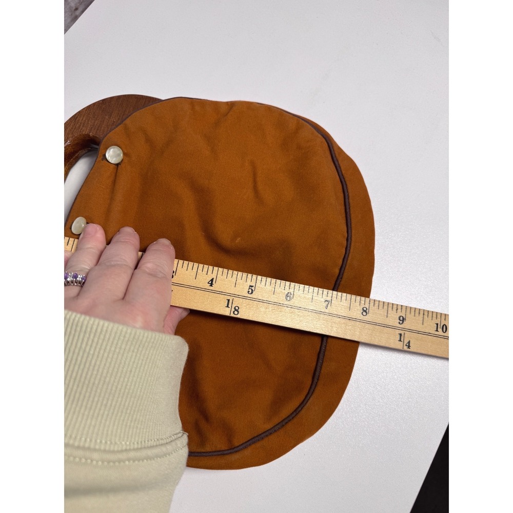 Vintage Wood Handle Bermuda Burnt Orange Faux Suede Button Detail Retro Bag - Picture 5 of 5